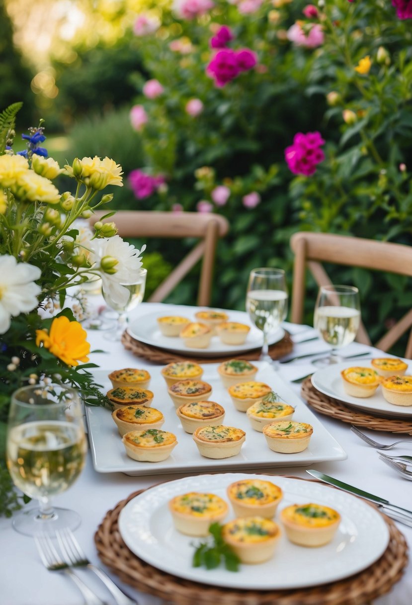 A table set with an assortment of mini Quiches Lorraine, surrounded by blooming flowers and lush greenery, creating a picturesque garden party lunch setting