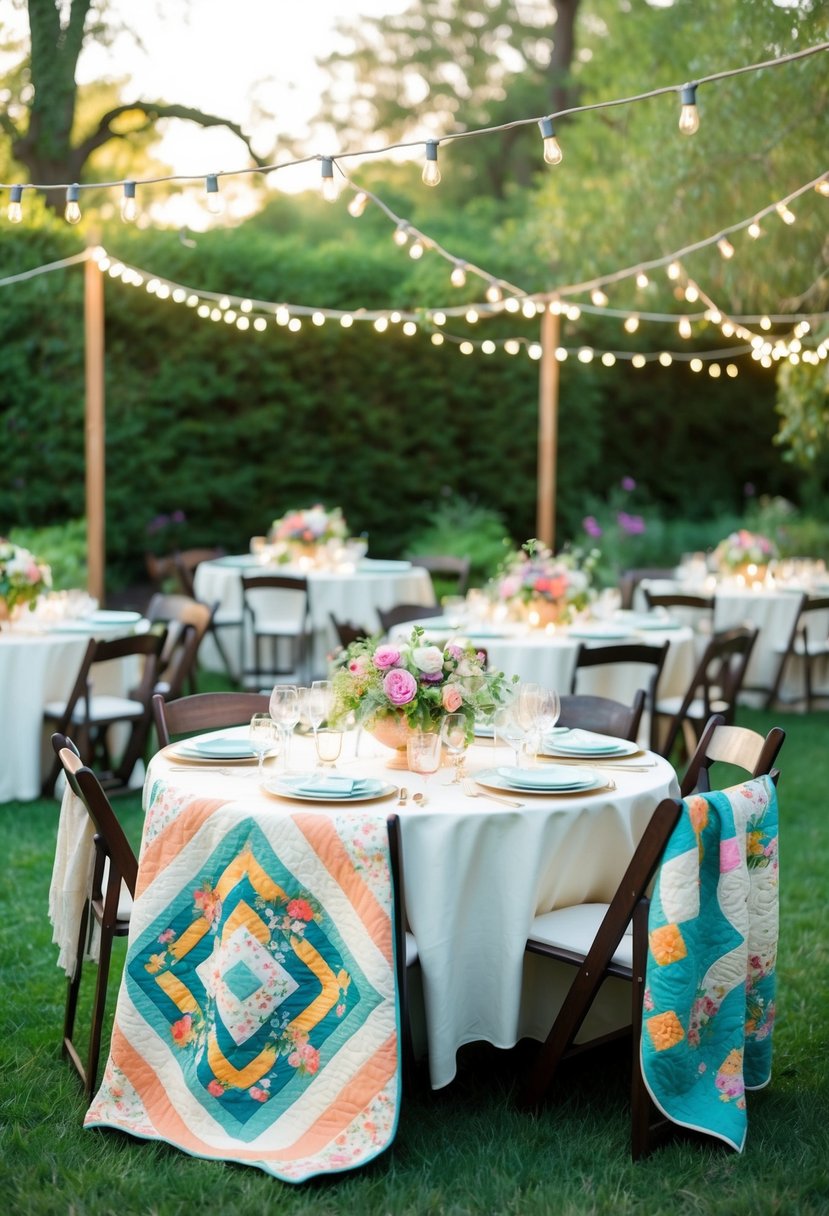 A whimsical garden party with twinkling lights, blooming flowers, and elegant quilts draped over chairs and tables
