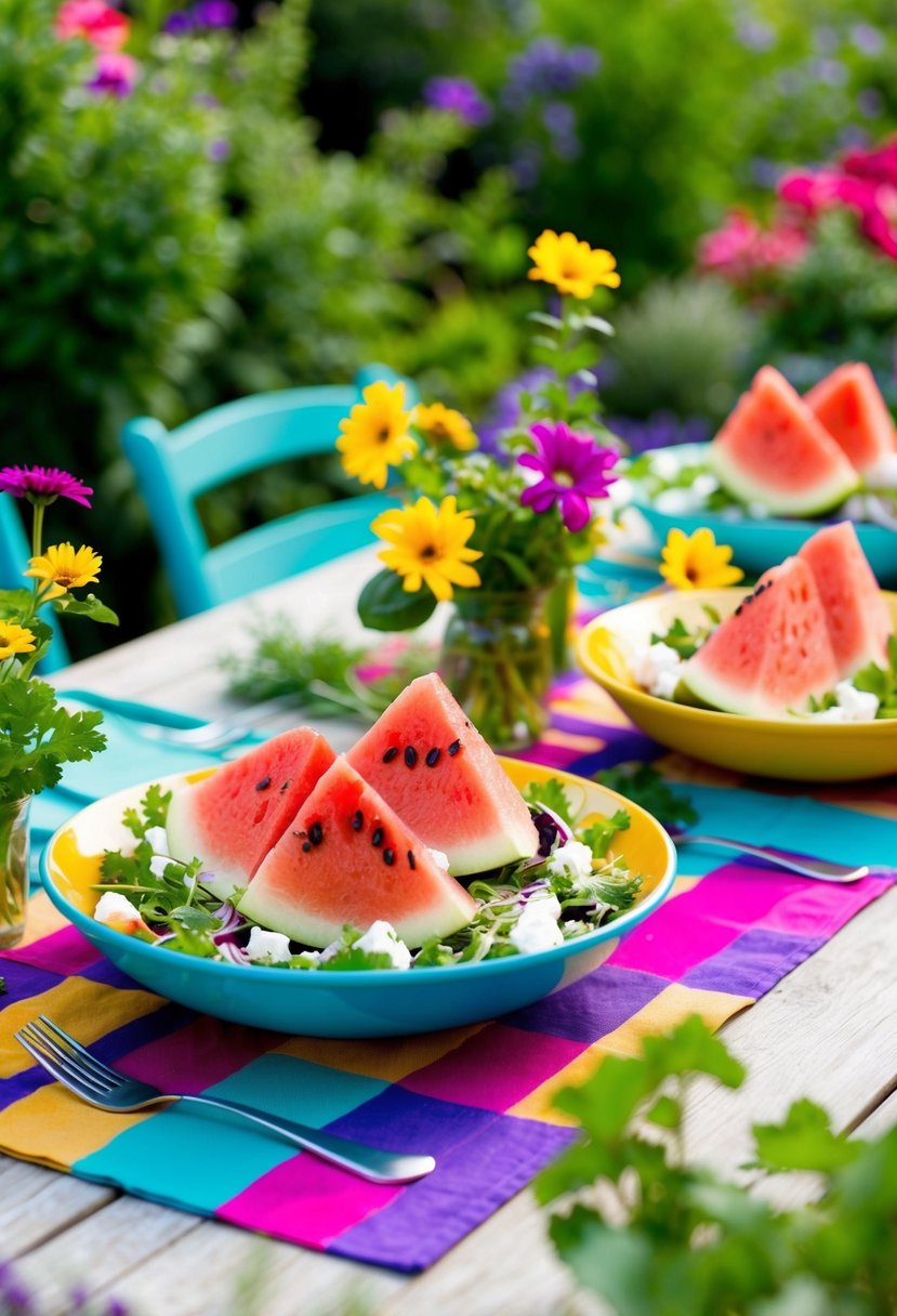A colorful garden table set with a refreshing watermelon and feta salad, surrounded by fresh herbs and vibrant flowers