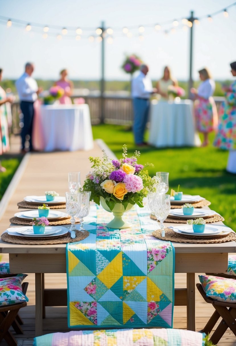 A serene garden party on a boardwalk, with colorful quilt patterns, blooming flowers, and elegant outdoor decor