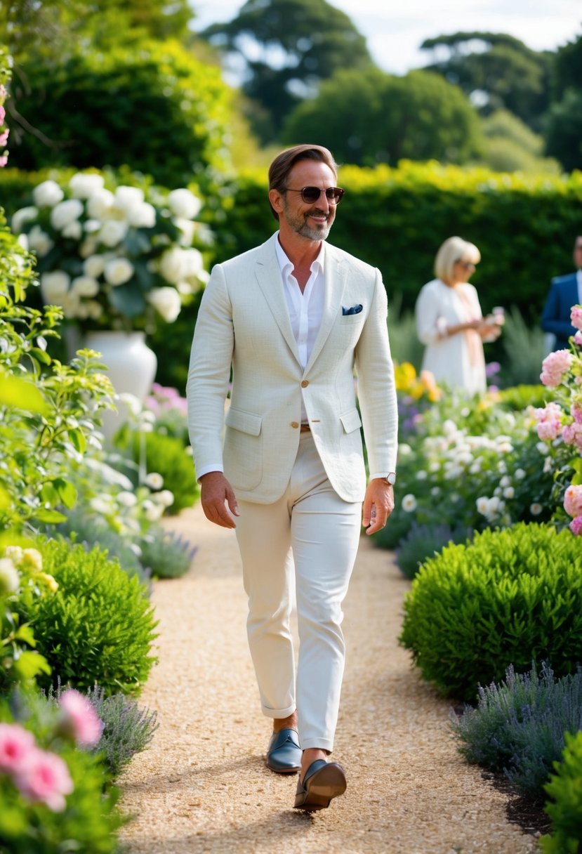 A man in a light linen blazer strolls through a lush garden, surrounded by blooming flowers and greenery. He exudes a relaxed and sophisticated aura, perfect for a garden party
