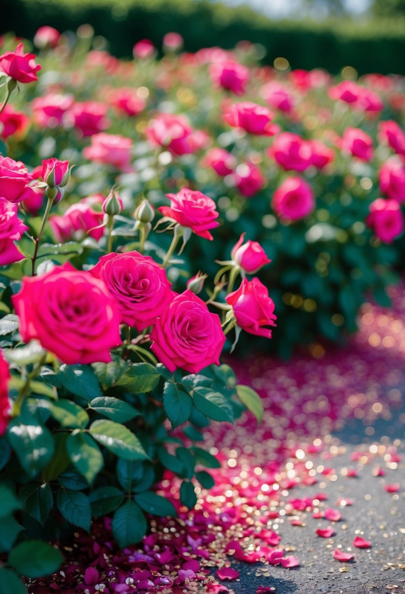 A vibrant rose garden with sparkling flowers and glittering petals scattered on the ground