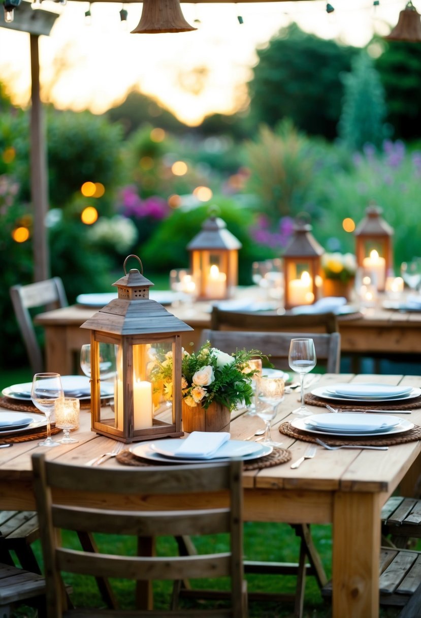 A garden table adorned with rustic wooden lanterns, creating a warm and inviting ambiance for a party