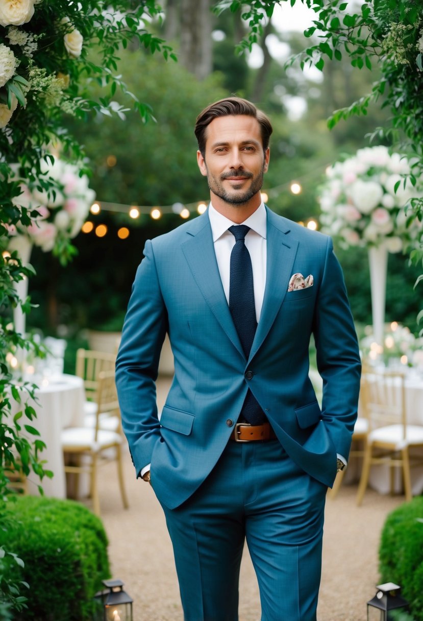 A man in a tailored suit with a leather belt, surrounded by lush greenery and elegant garden party decor