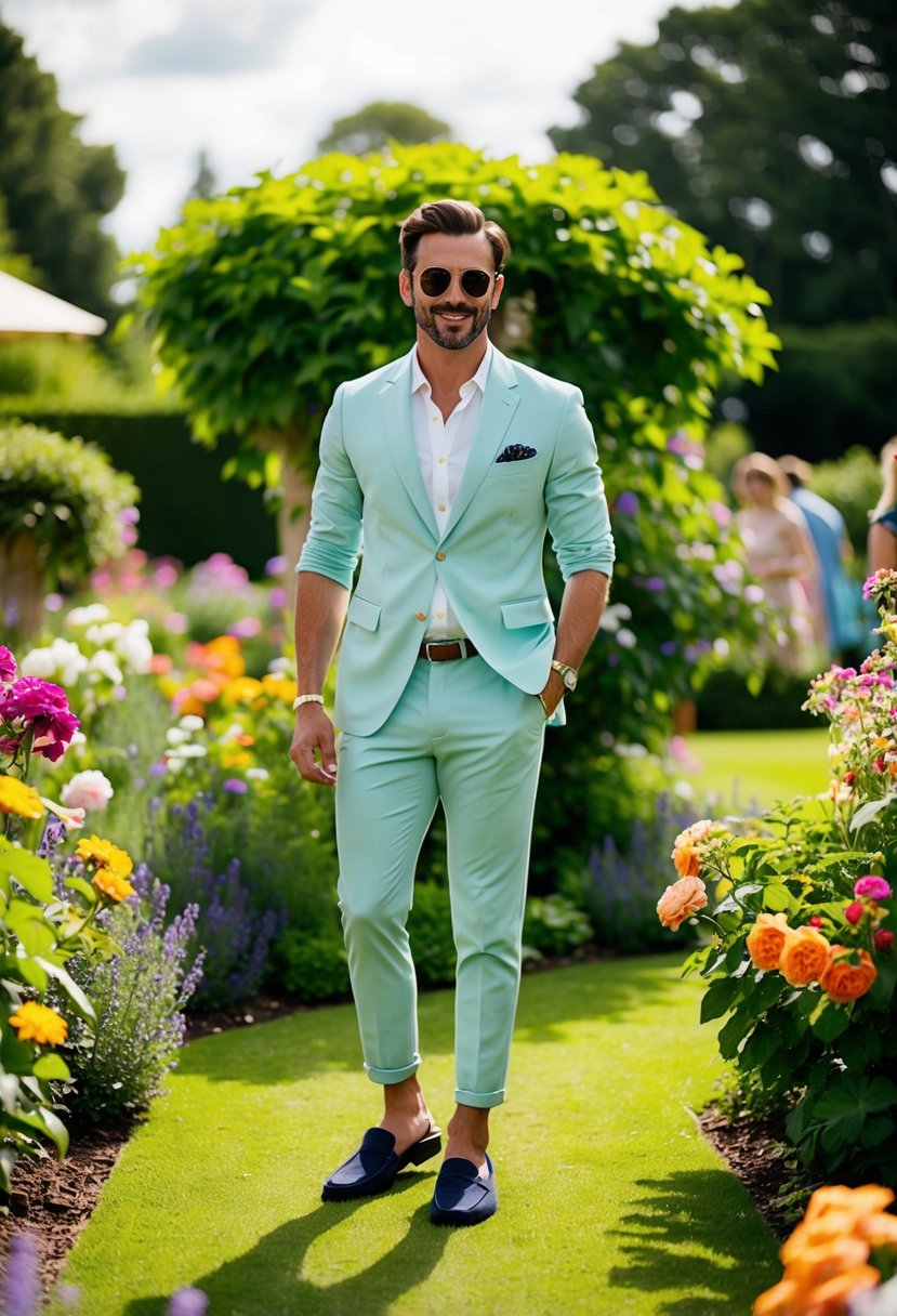A man in breathable loafers stands in a lush garden, surrounded by vibrant flowers and greenery, wearing a stylish outfit for a summer party