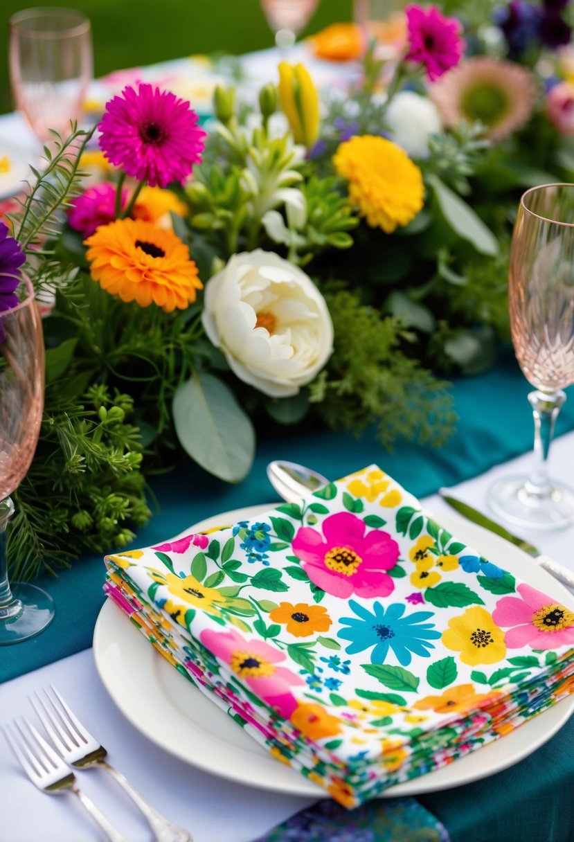 Colorful floral print napkins arranged on a table with fresh flowers and greenery, creating a vibrant garden party tablescape