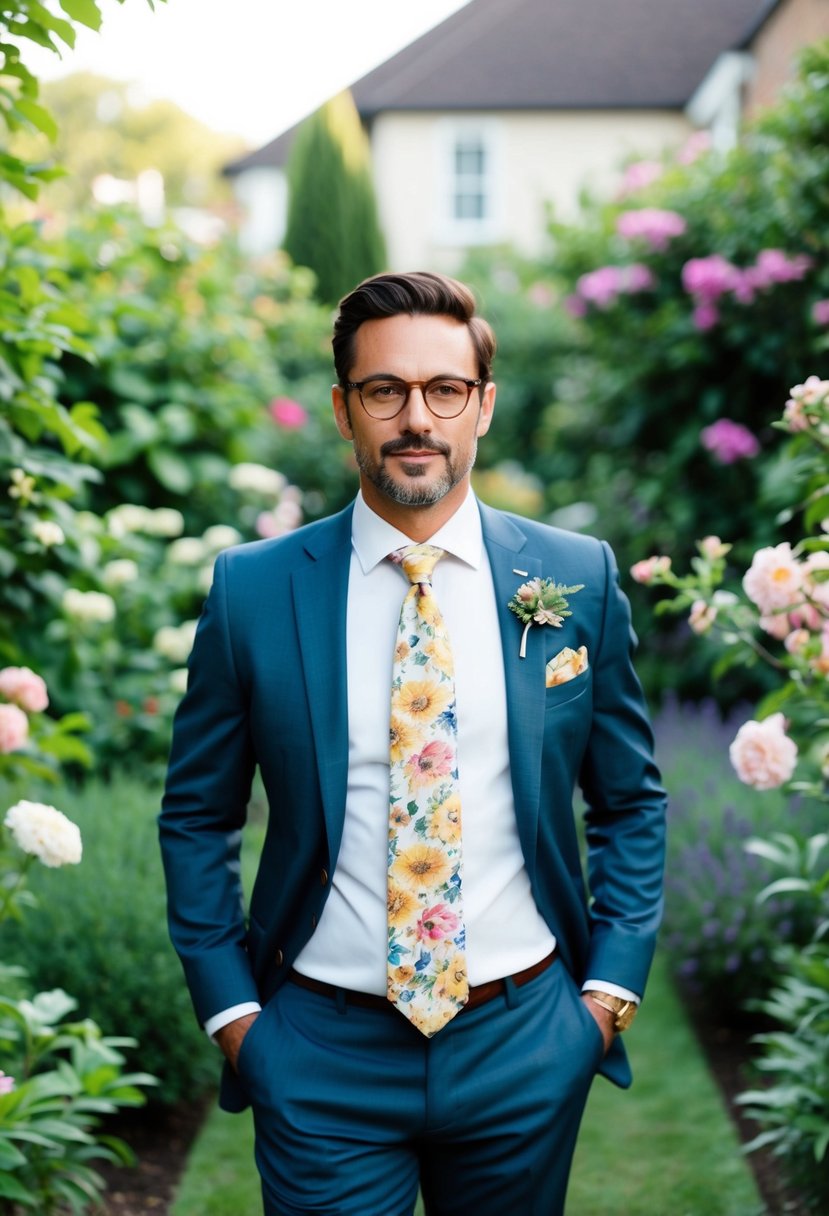 A gentleman in a floral print tie stands in a lush garden, surrounded by blooming flowers and greenery. He exudes a sense of style and sophistication
