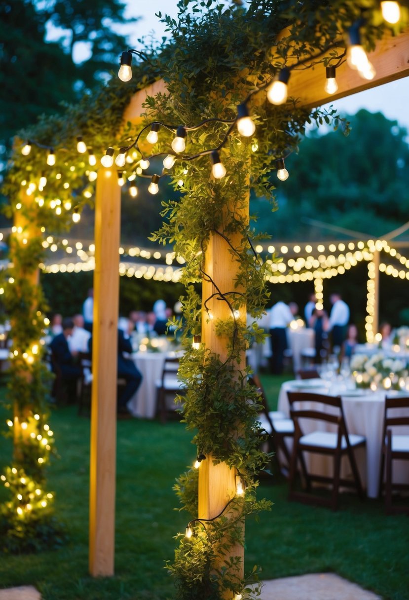 Luminous fairy lights entwine around lush greenery, illuminating a garden party reception with a warm and enchanting glow