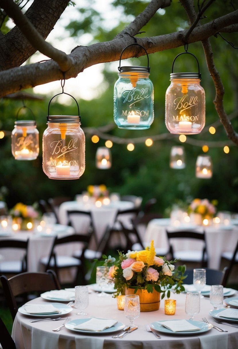 Mason jar lanterns hang from tree branches in a whimsical garden setting. Tables are adorned with floral centerpieces and softly glowing lanterns