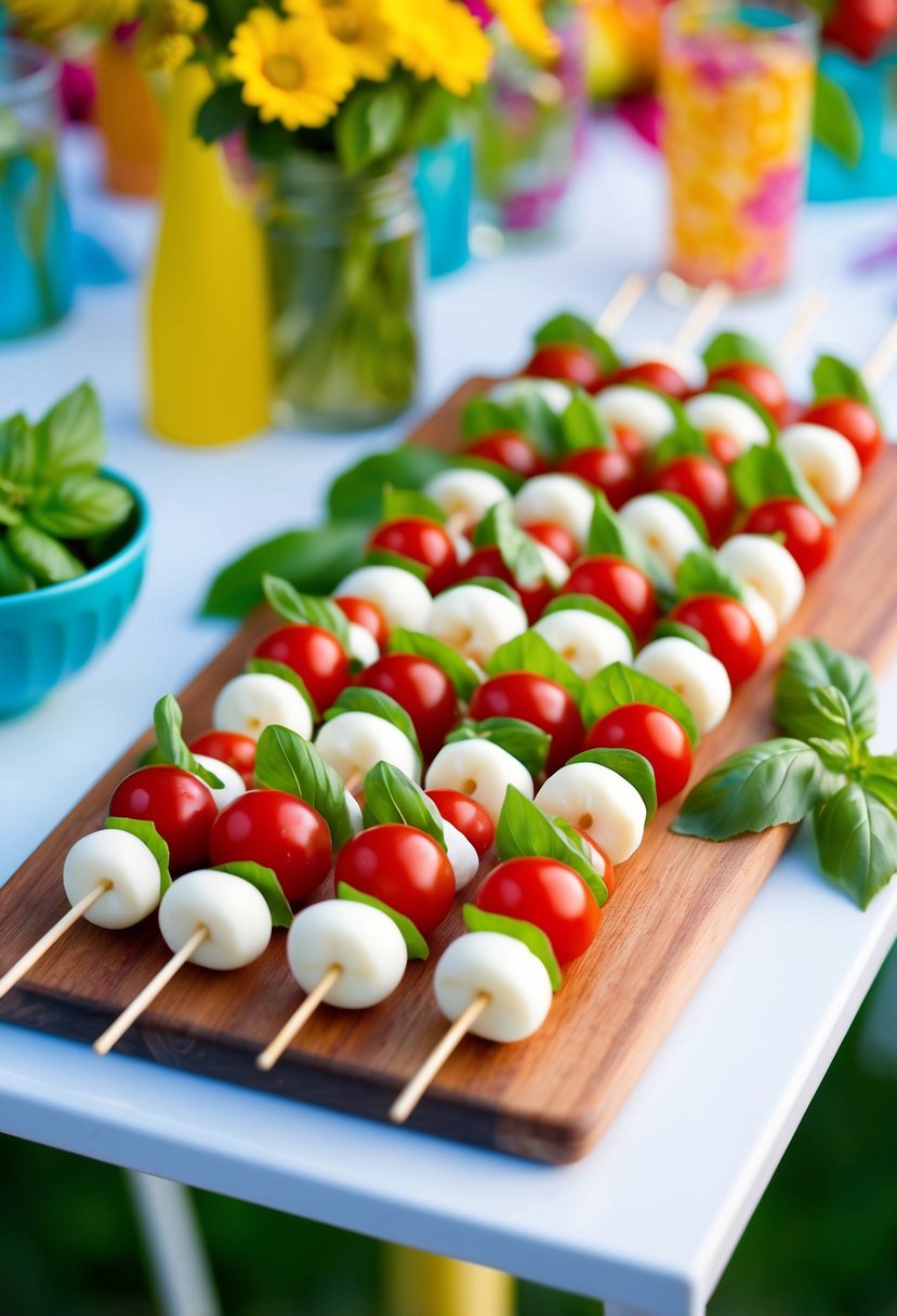 A platter of mini Caprese skewers arranged on a wooden board with fresh basil leaves and cherry tomatoes, set against a backdrop of a vibrant garden party