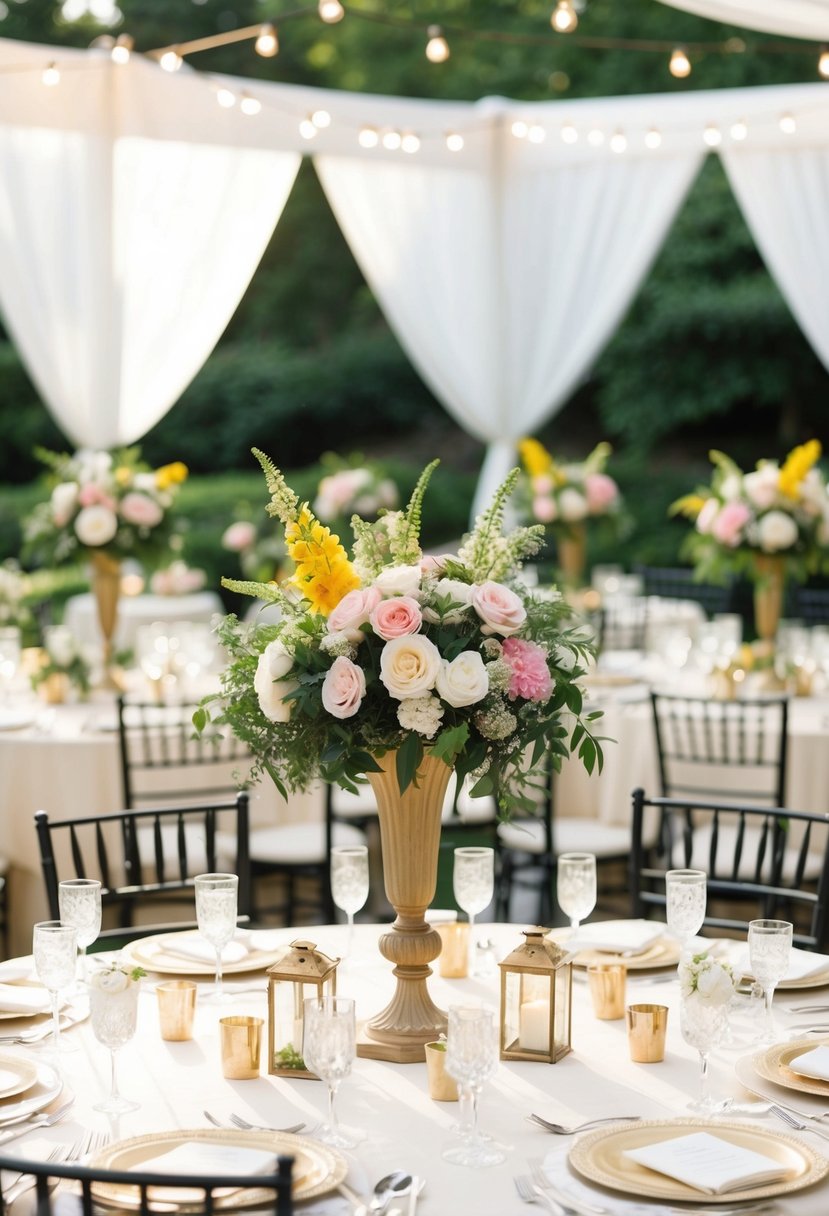 A garden party reception with vintage floral centerpieces adorning the tables, creating a charming and elegant atmosphere