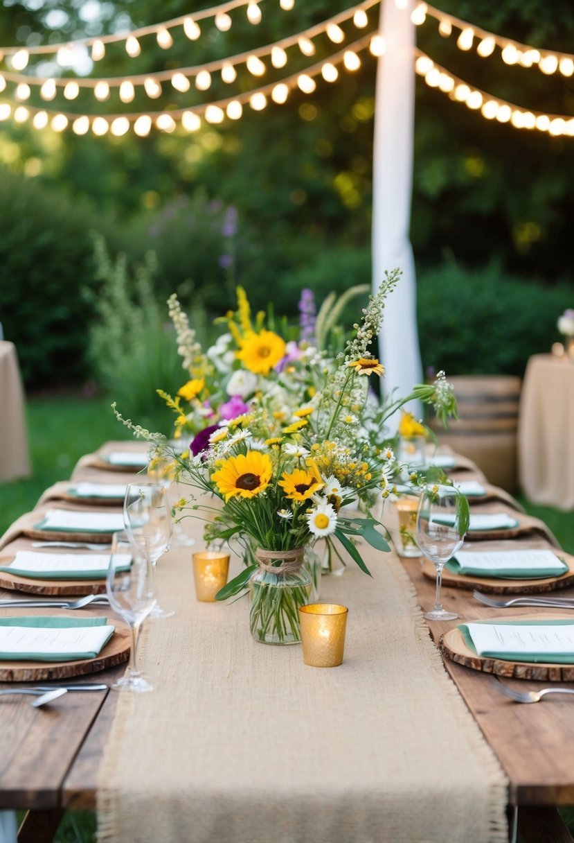 A garden party reception with burlap table runners, adorned with wildflowers and surrounded by twinkling fairy lights