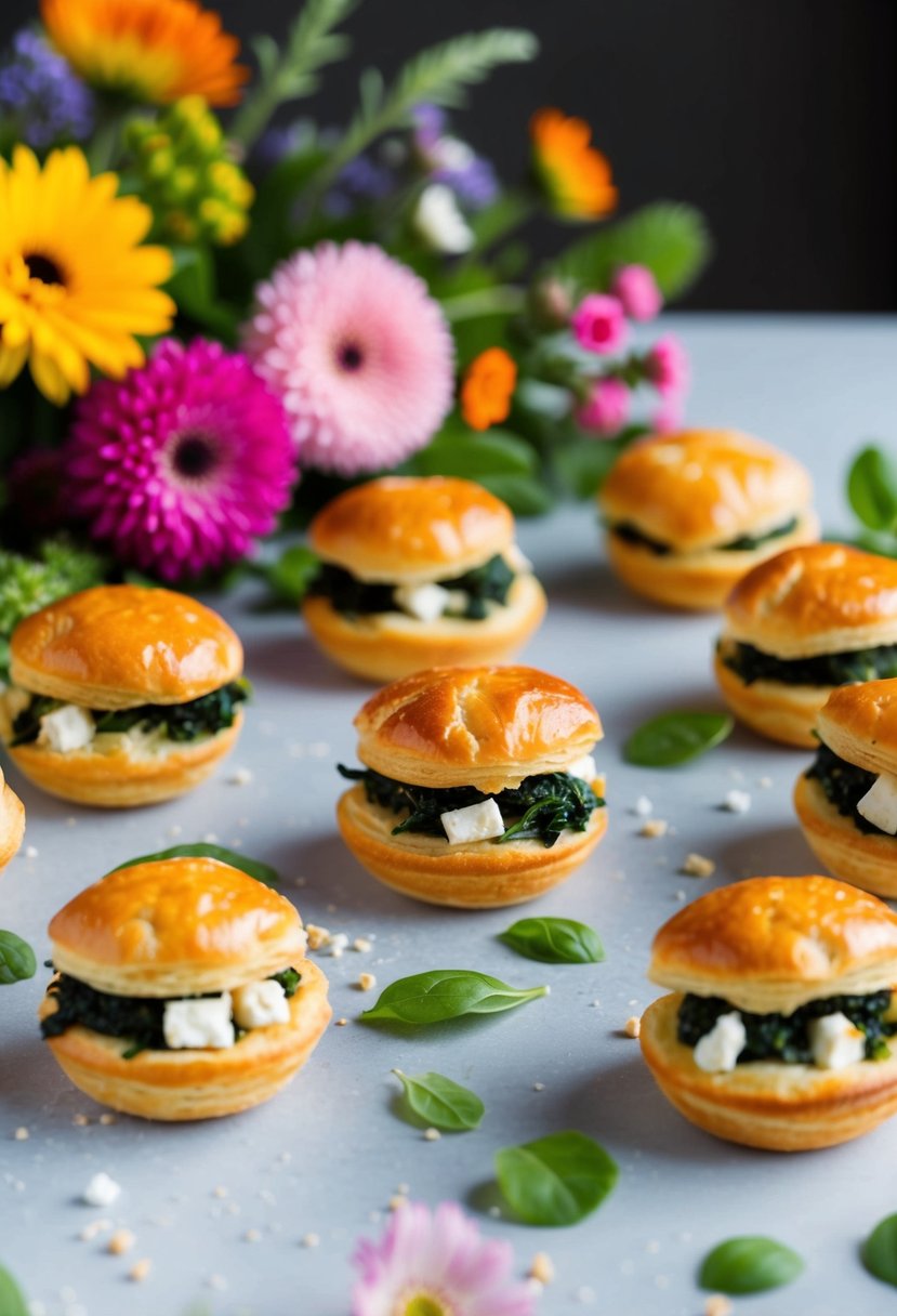 A table spread with golden puff pastry bites filled with spinach and feta, surrounded by colorful flowers and greenery