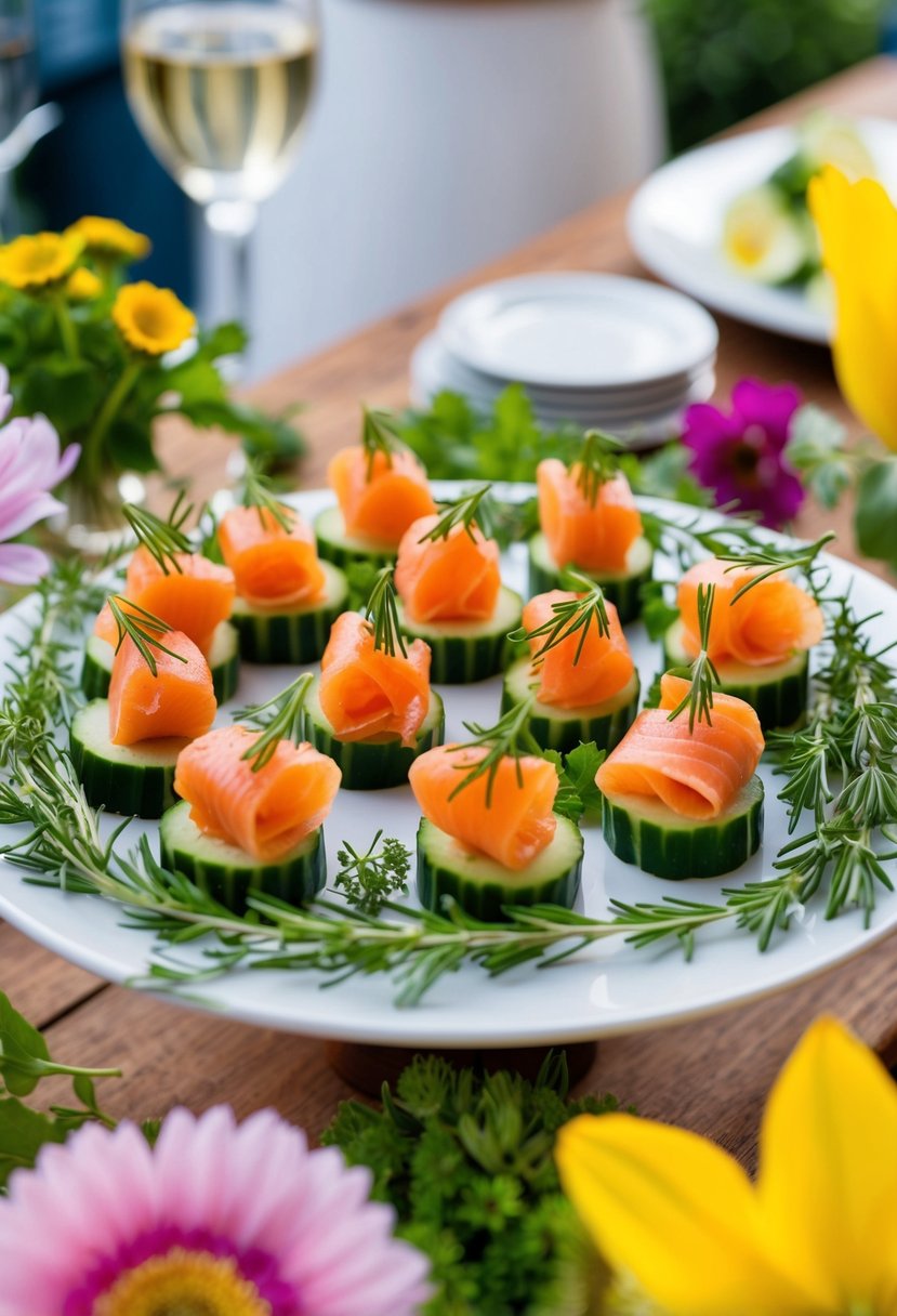 A platter of smoked salmon cucumber bites surrounded by fresh herbs and flowers at a garden party