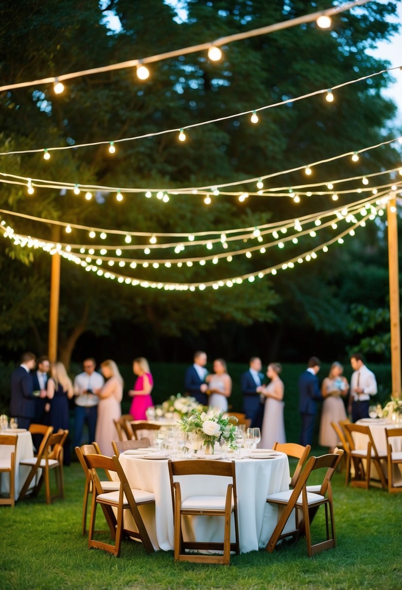 A garden party with a canopy of string lights creating a warm and inviting atmosphere for a reception