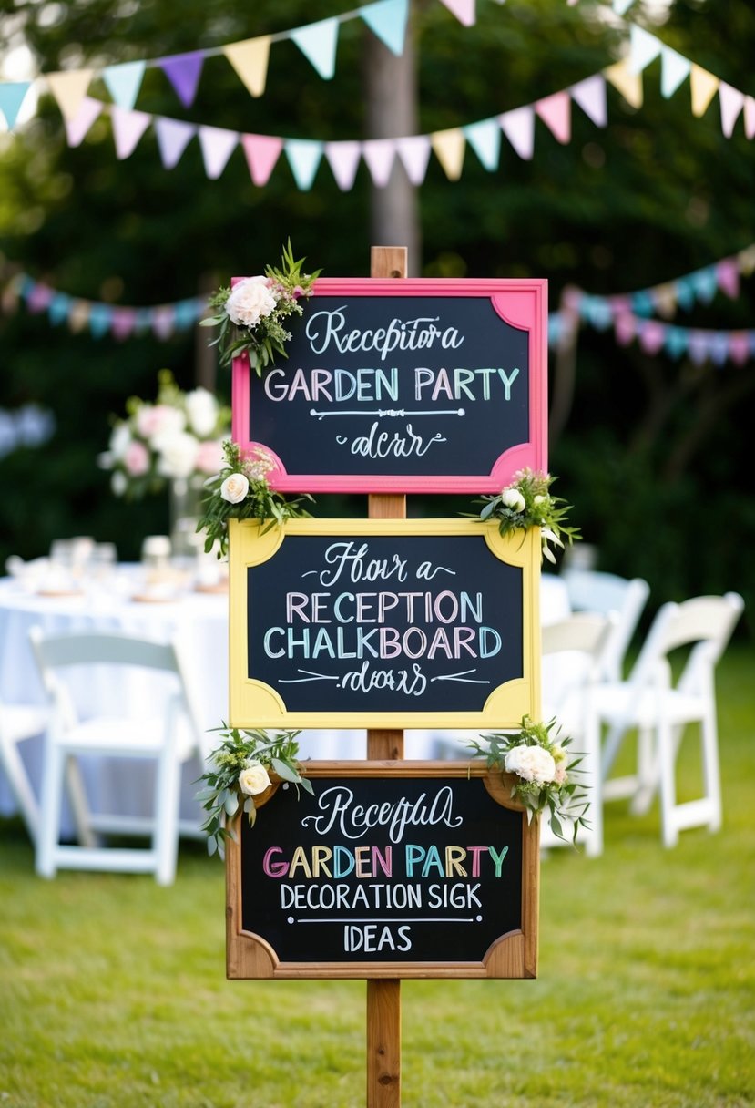 Colorful chalkboard signs adorn a garden party, showcasing reception decoration ideas
