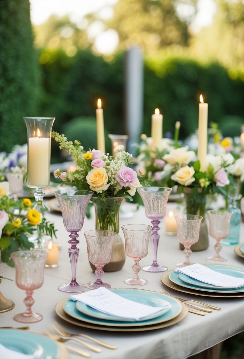 Vintage glassware arranged on outdoor tables for a garden party reception. Delicate goblets, vases, and pitchers filled with flowers and candles