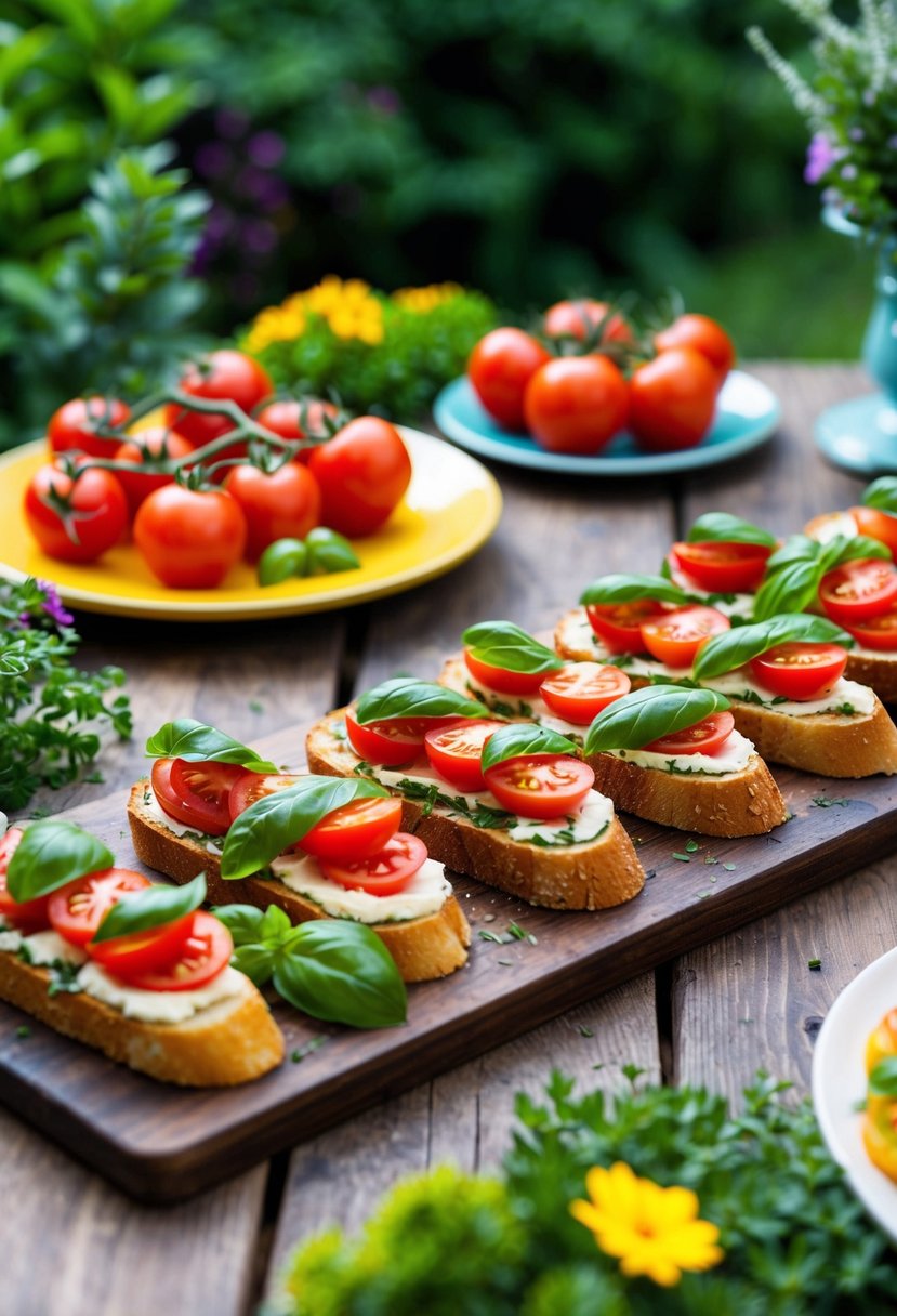 A rustic wooden table adorned with colorful bruschetta topped with fresh tomatoes and basil, surrounded by vibrant greenery and flowers