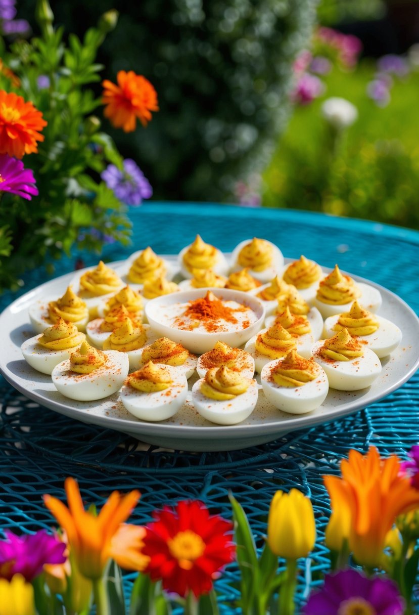 A platter of deviled eggs sprinkled with paprika on a garden table, surrounded by vibrant flowers and greenery