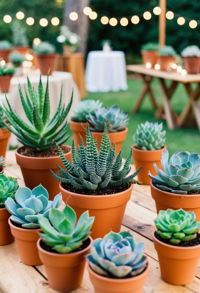 A variety of potted succulents arranged on wooden tables with string lights for a garden party reception