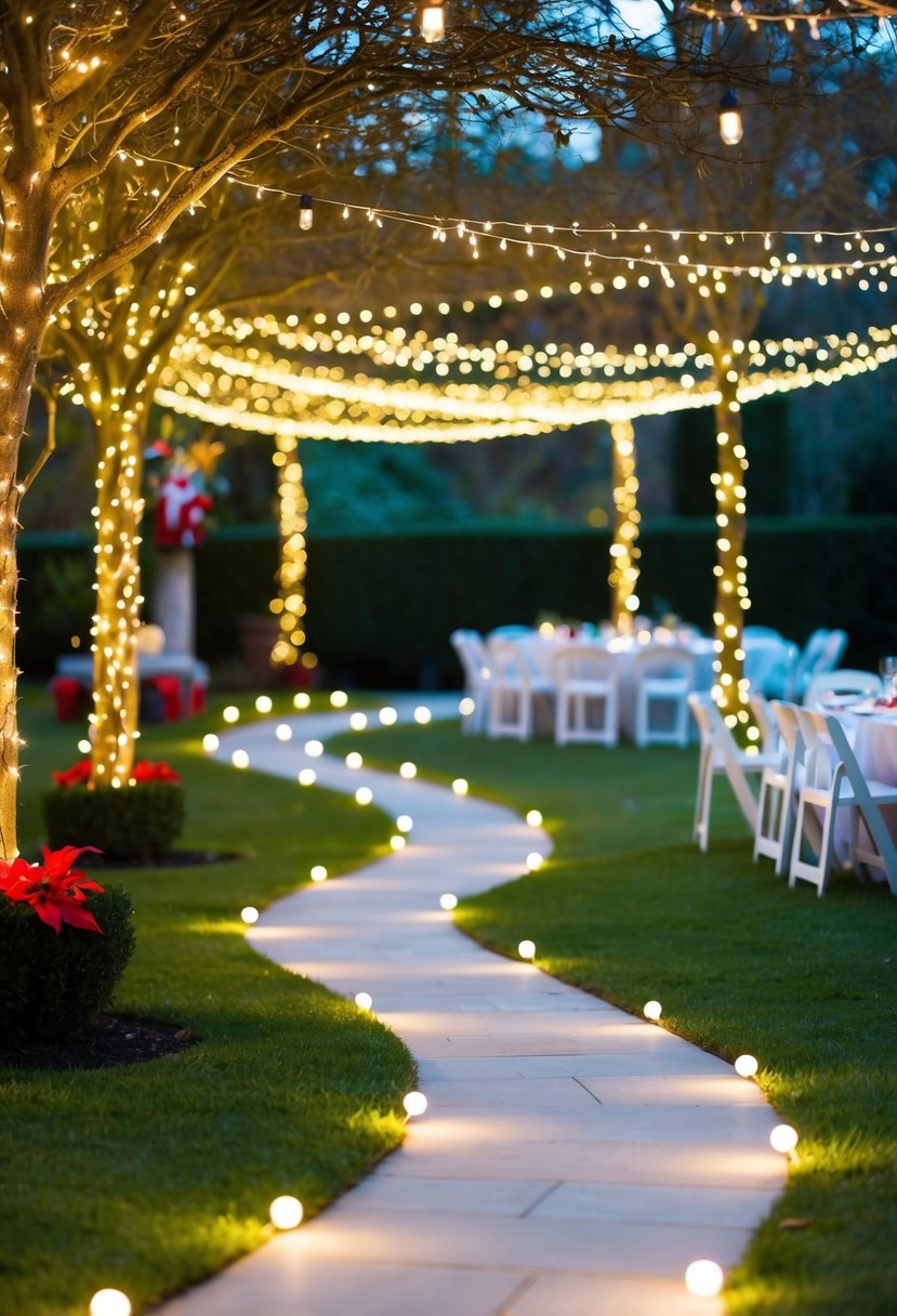 A winding pathway lined with twinkling fairy lights, leading through a festive Christmas garden party