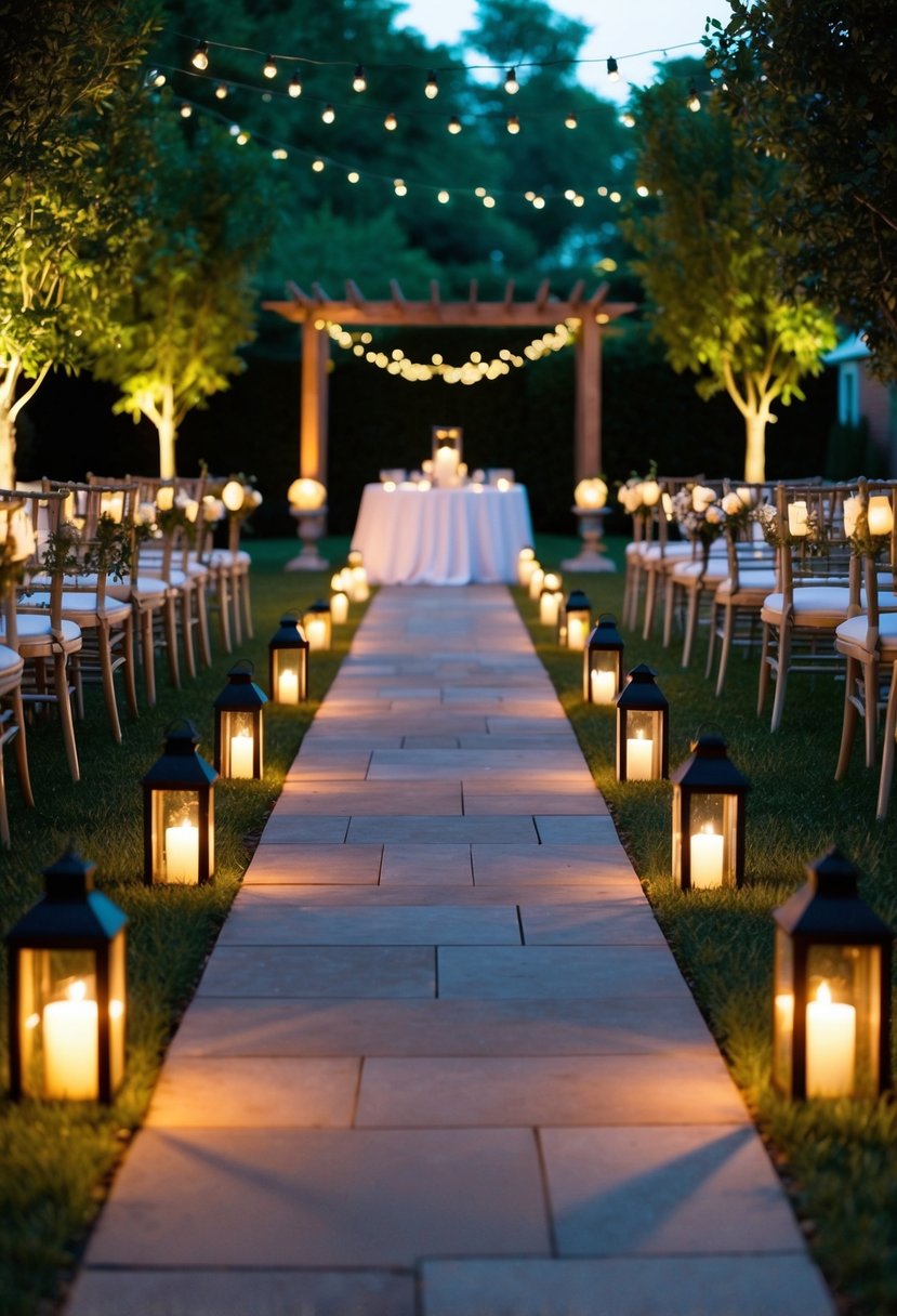 A garden pathway lined with glowing lanterns leads to a whimsical outdoor reception, creating a romantic and enchanting atmosphere