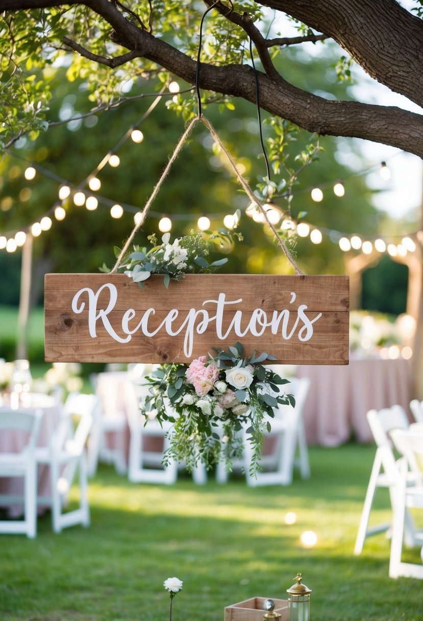 A rustic wooden sign hangs from a tree, surrounded by blooming flowers and string lights, setting the scene for a charming garden party reception