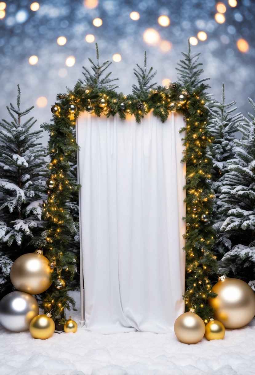 A festive photo booth adorned with twinkling lights, oversized ornaments, and a backdrop of snow-covered pine trees