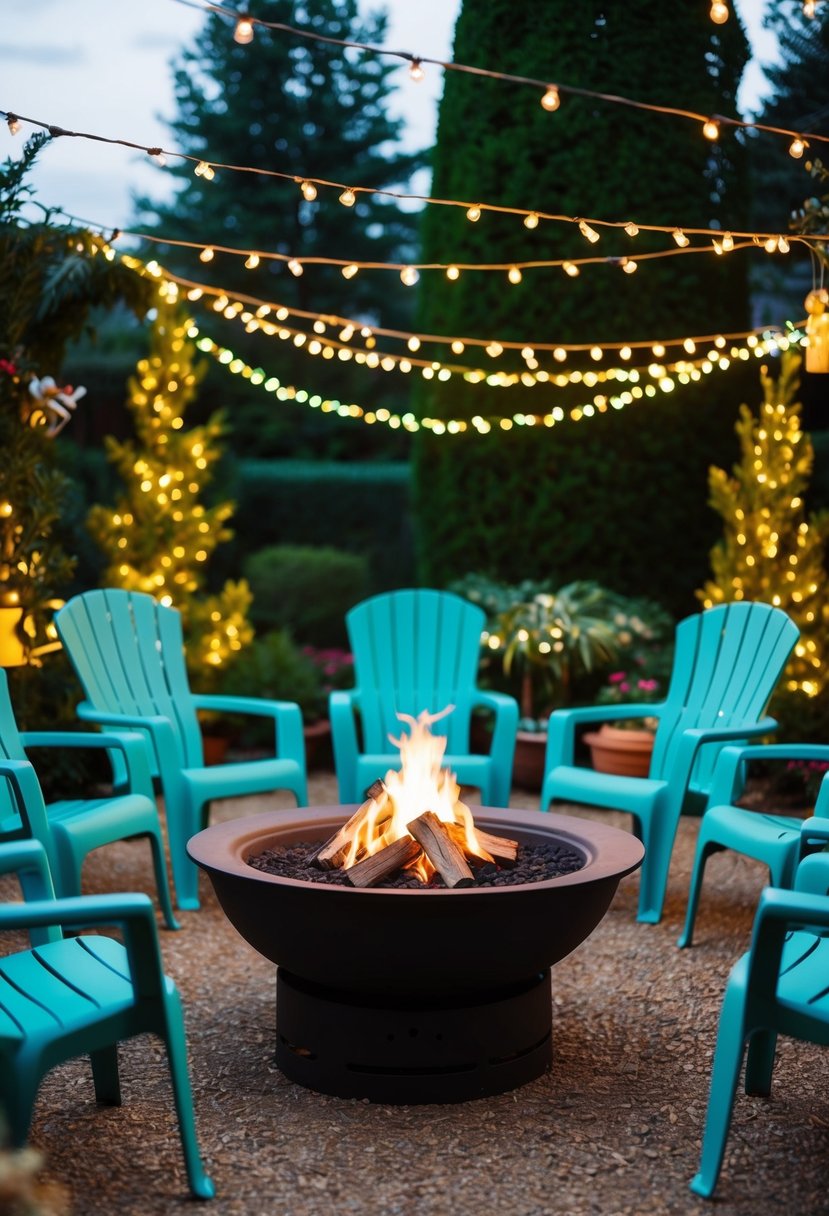 A group of chairs arranged around a crackling fire pit in a festive garden setting, adorned with twinkling lights and holiday decorations