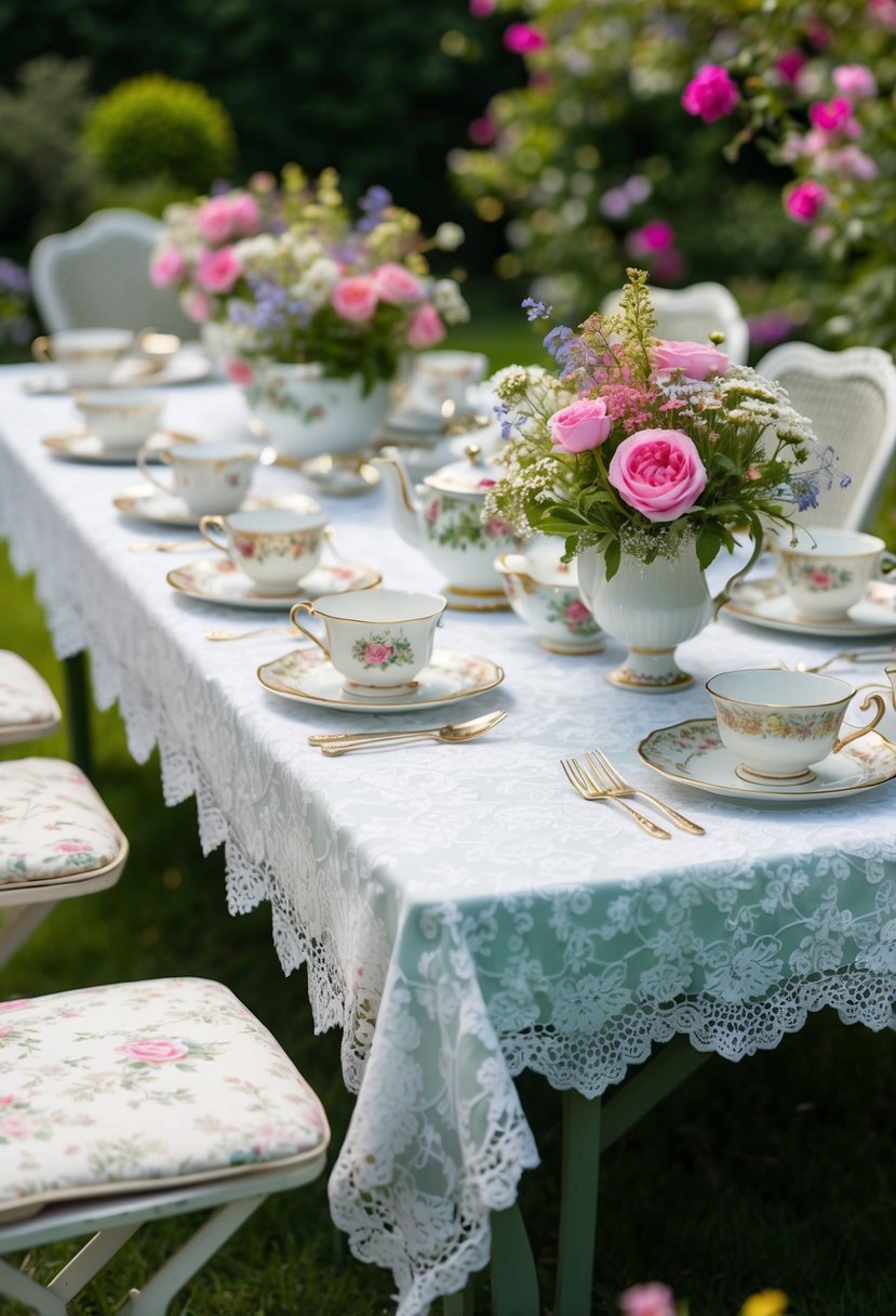 A garden table adorned with lace tablecloths, surrounded by vintage teacups, flowers, and delicate china plates