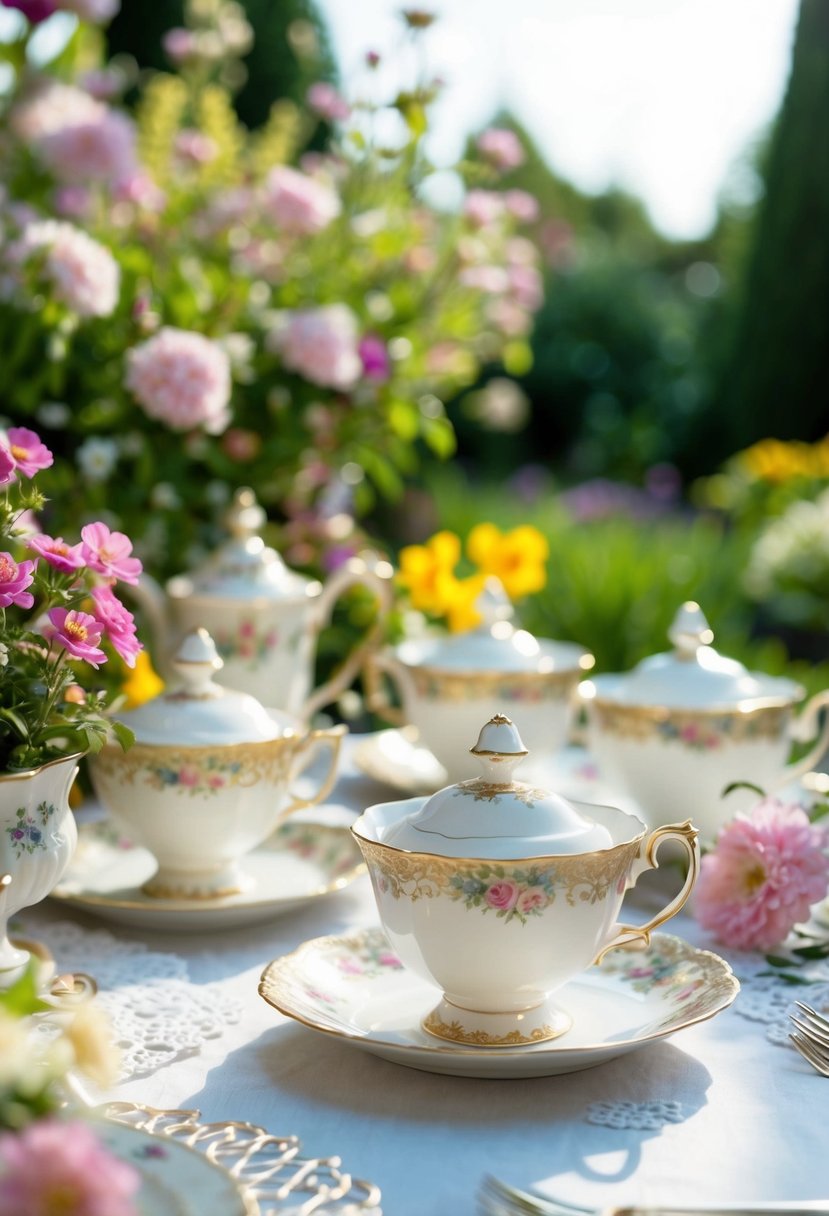 A table adorned with vintage teacups, surrounded by blooming flowers and dainty garden decor