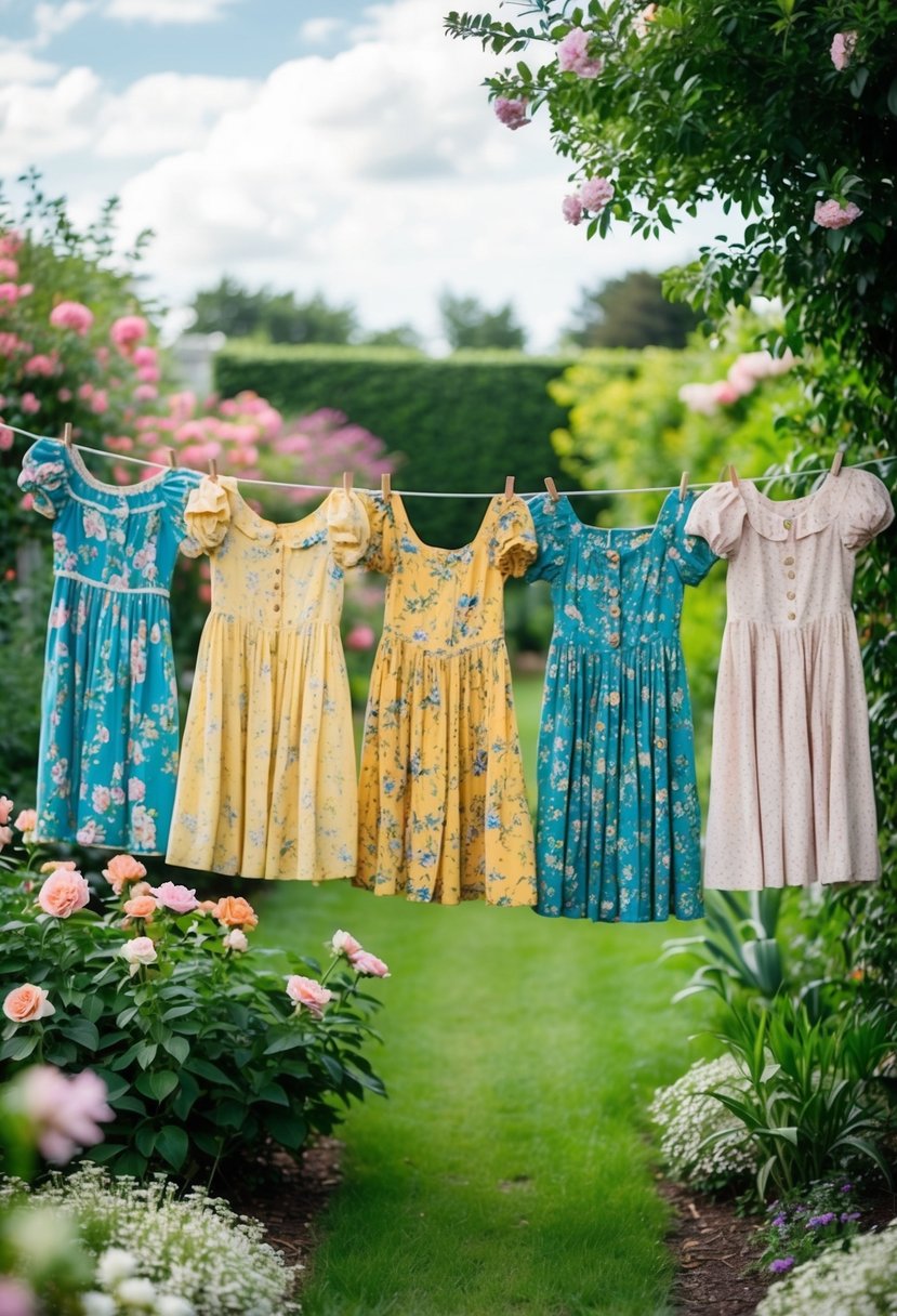 A group of vintage floral print dresses hanging from a clothesline in a lush garden setting, surrounded by blooming flowers and greenery
