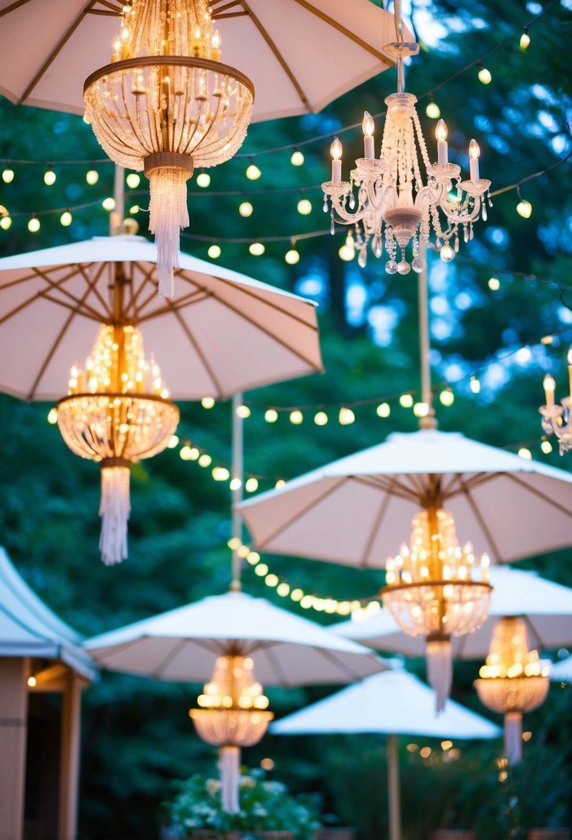 Fairy lights drape from chandeliers, adorning garden party umbrellas in a whimsical display