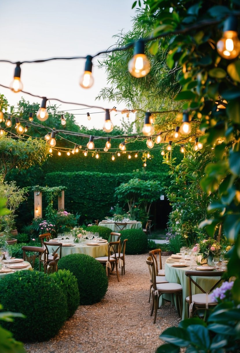 A lush garden adorned with vintage string lights, creating a warm and inviting atmosphere for a charming garden party