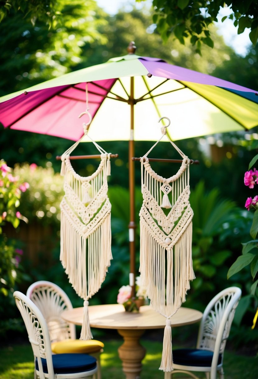 A garden adorned with boho macrame hangers, creating a whimsical and elegant atmosphere for a party under a colorful umbrella