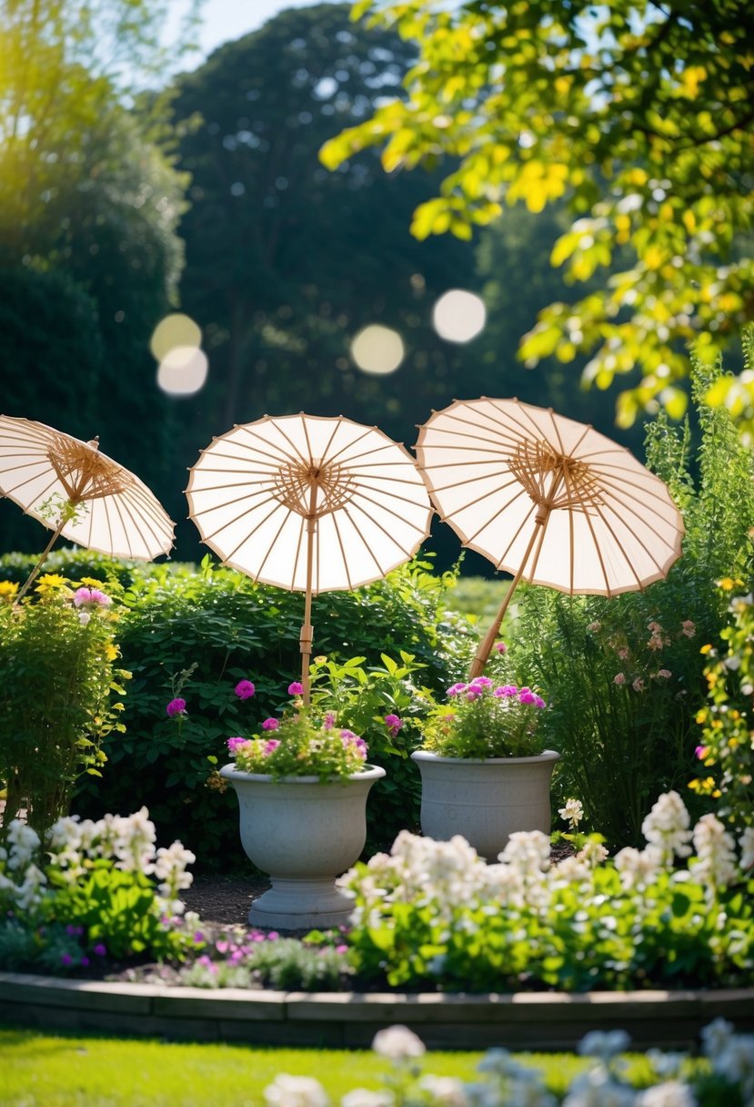 A garden adorned with vintage parasols, surrounded by blooming flowers and dappled sunlight