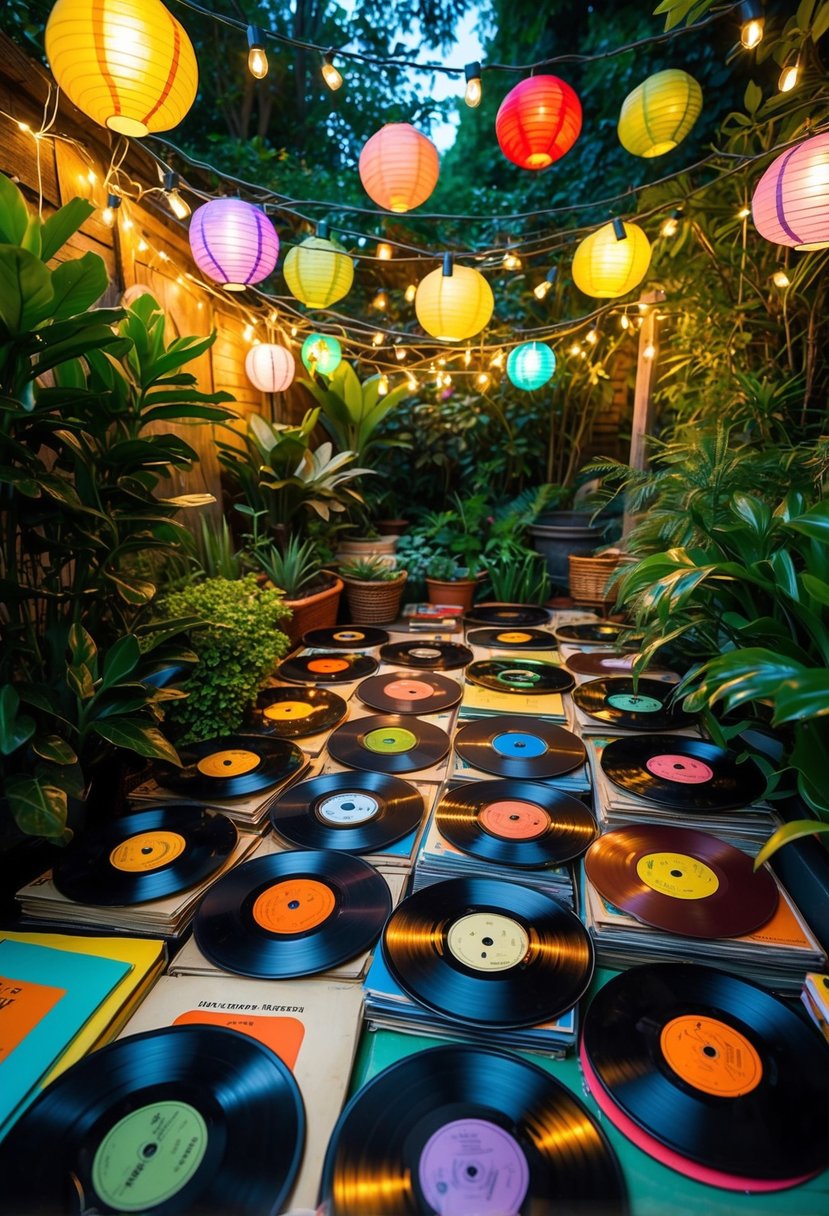 A lush garden filled with vintage vinyl records, surrounded by twinkling string lights and colorful paper lanterns, creating a whimsical and nostalgic atmosphere