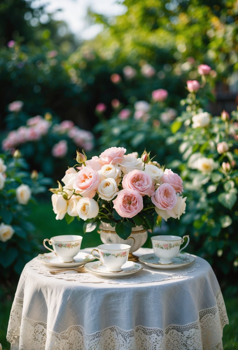 A lush garden filled with vintage roses, delicate lace tablecloths, and antique teacups set on a weathered wooden table