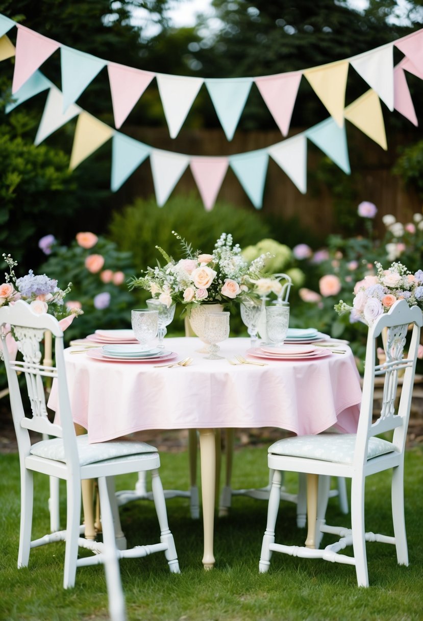 A garden adorned with pastel colored bunting, vintage furniture, and delicate floral arrangements