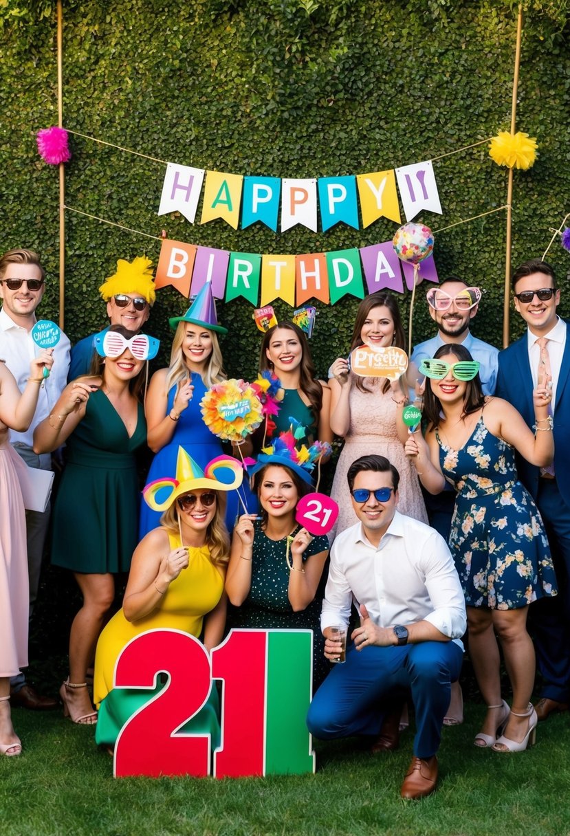 A garden party photo booth with colorful props and decorations for a 21st birthday celebration