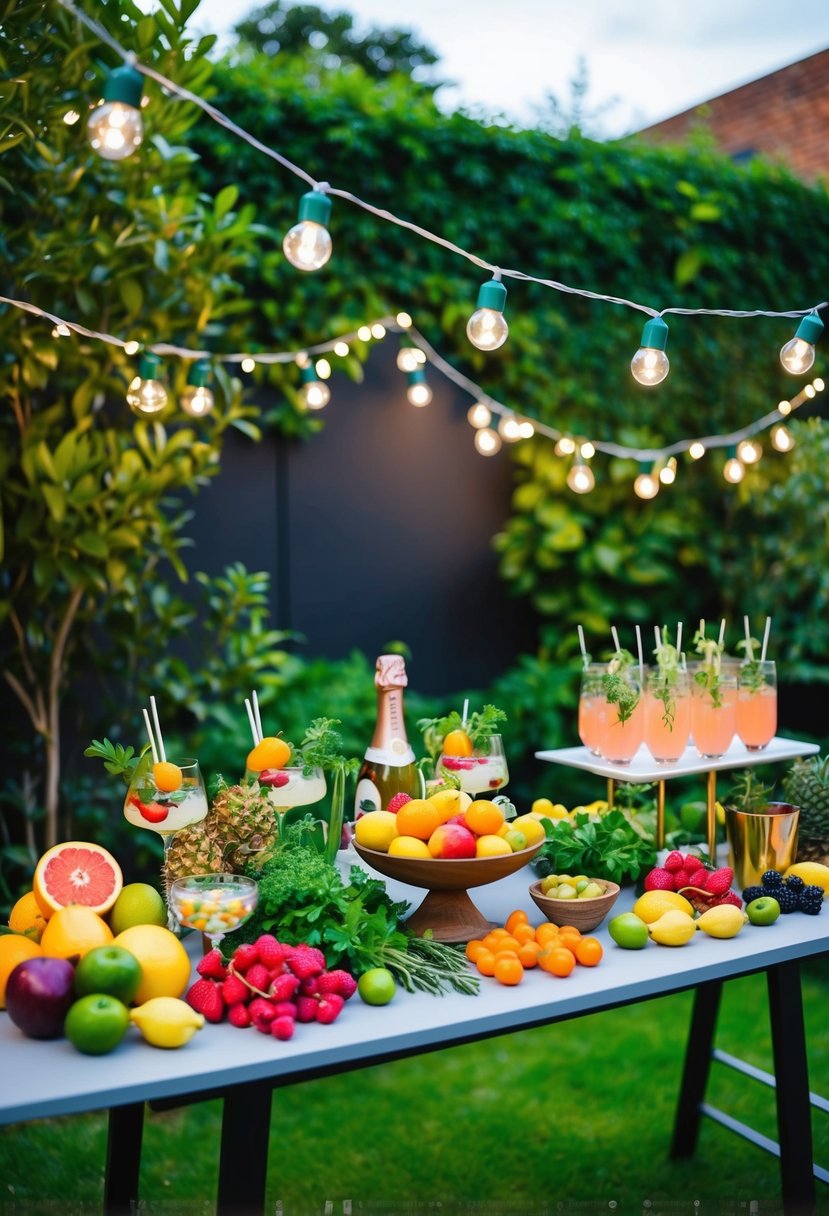 A lush garden with twinkling fairy lights, a colorful assortment of fresh fruits and herbs, and a stylish mocktail bar set up for a 21st birthday celebration
