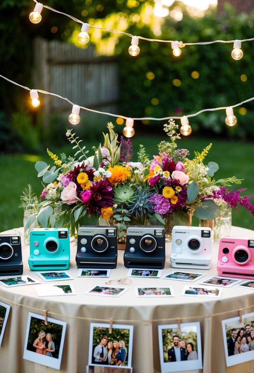 A table adorned with Polaroid cameras, string lights, and a colorful array of flowers and foliage, set up for guests to snap and add photos to a guest book at a 21st birthday garden party