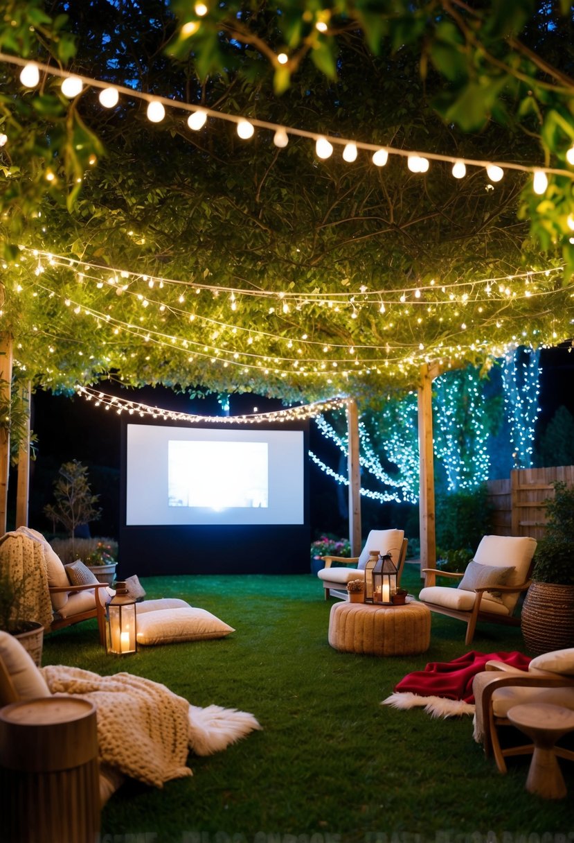 A festive garden filled with twinkling lights, cozy blankets, and a large screen showing a movie under the stars