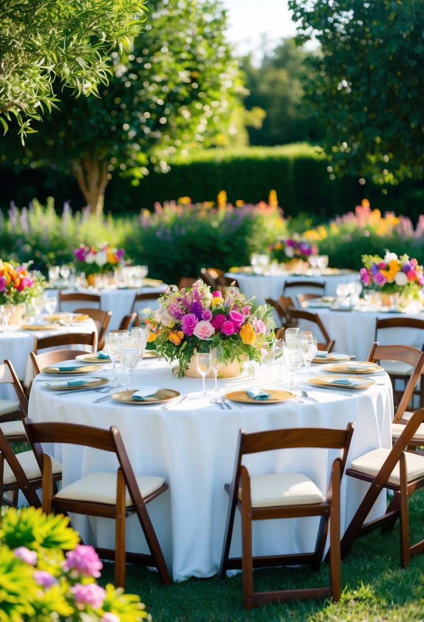 A table set with 50 floral centerpieces, surrounded by lush greenery and colorful blooms, creating a vibrant and inviting atmosphere for a garden party