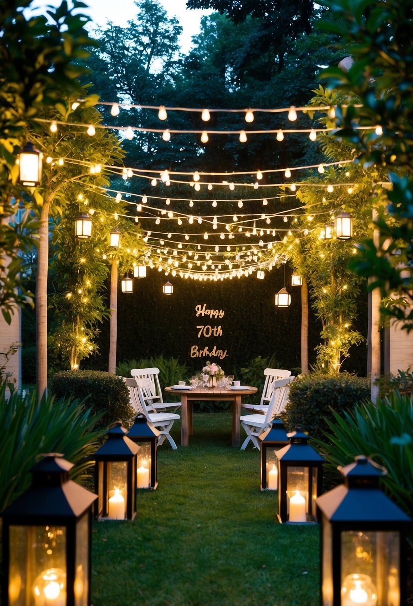 A lush garden adorned with string lights and lanterns, creating a warm and inviting atmosphere for a 70th birthday celebration