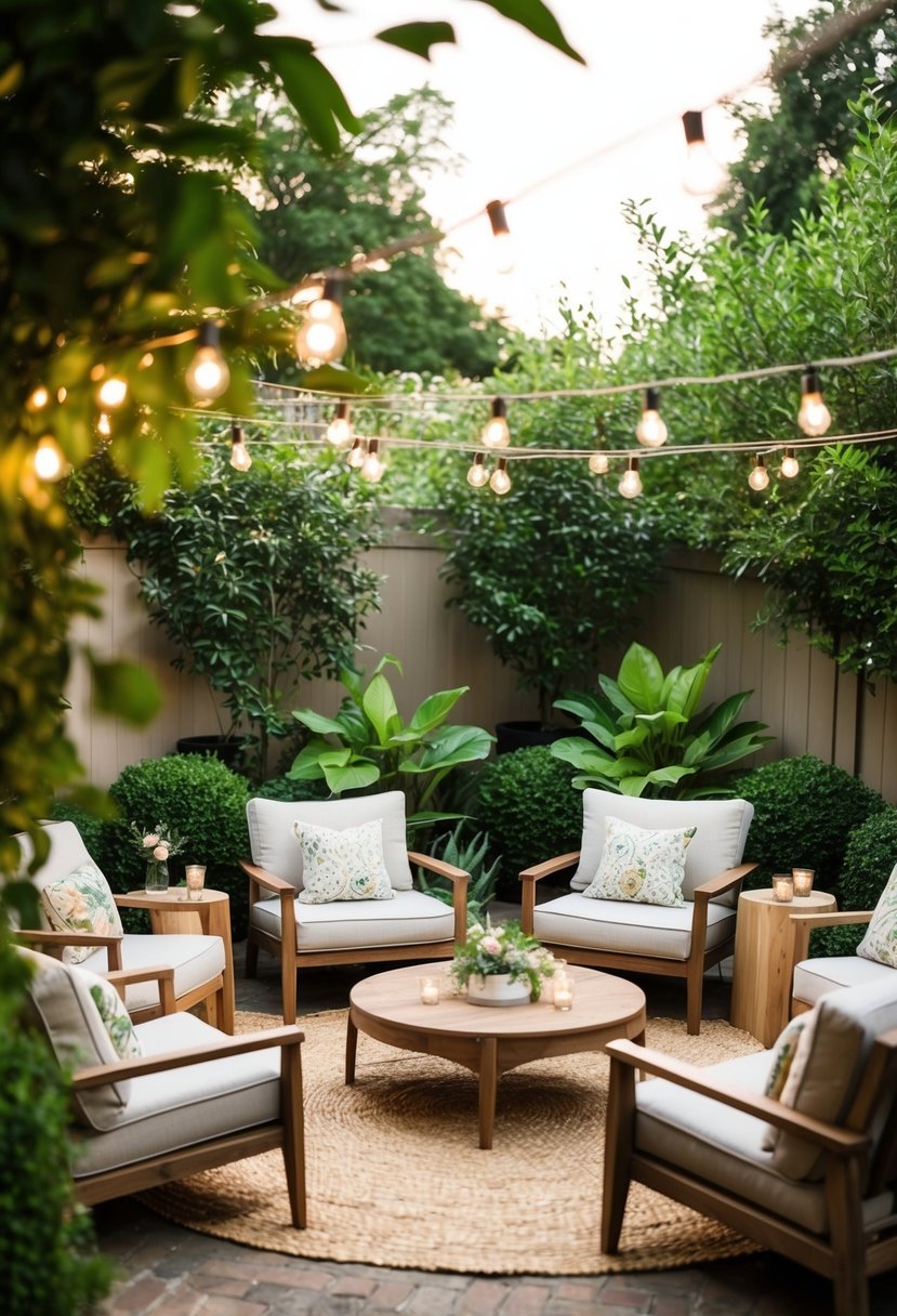 A charming outdoor lounge area with cozy seating, string lights, and lush greenery, set up for a garden party with space for 50 guests