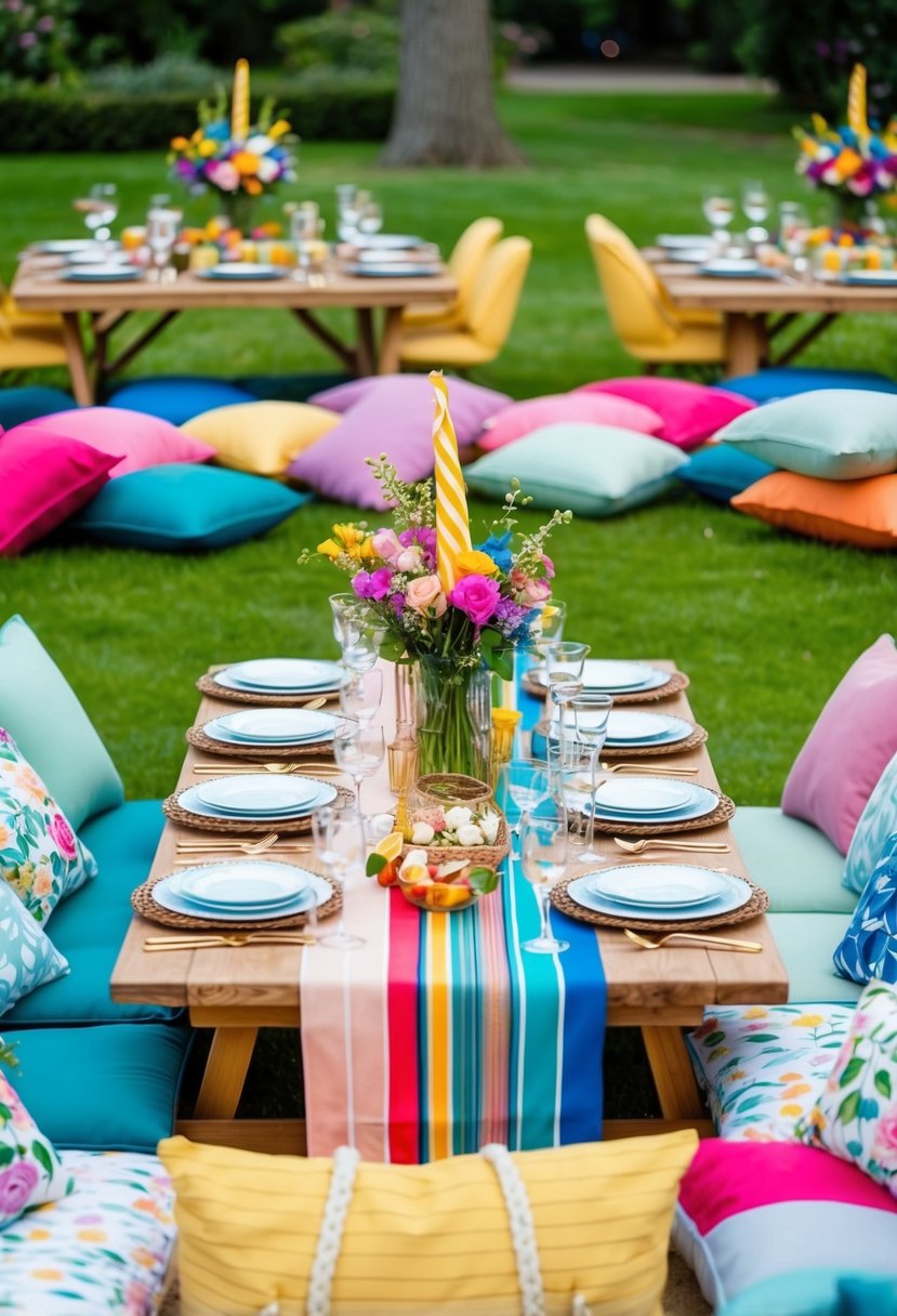 A colorful outdoor picnic setup with elegant tableware, floral centerpieces, and comfortable seating for a 70th birthday garden party