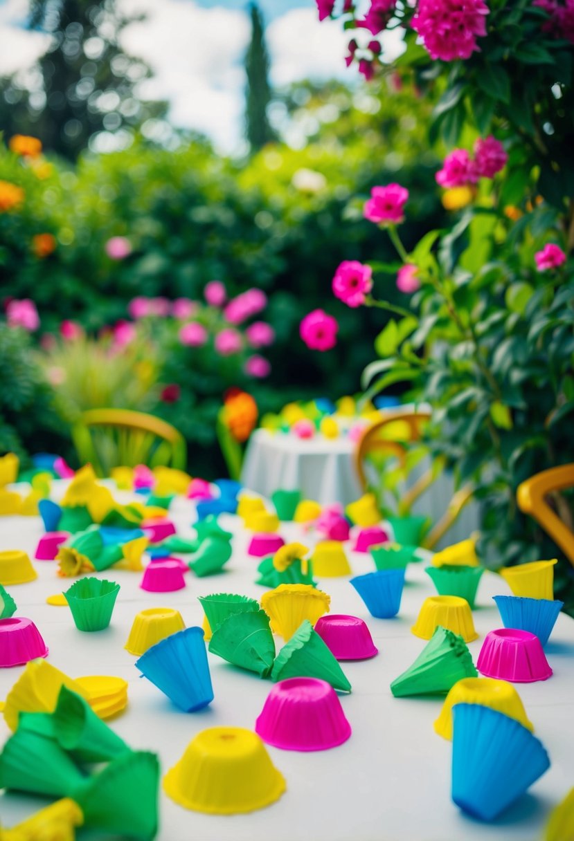 A lush garden setting with colorful, biodegradable party favors scattered on tables, surrounded by blooming flowers and greenery