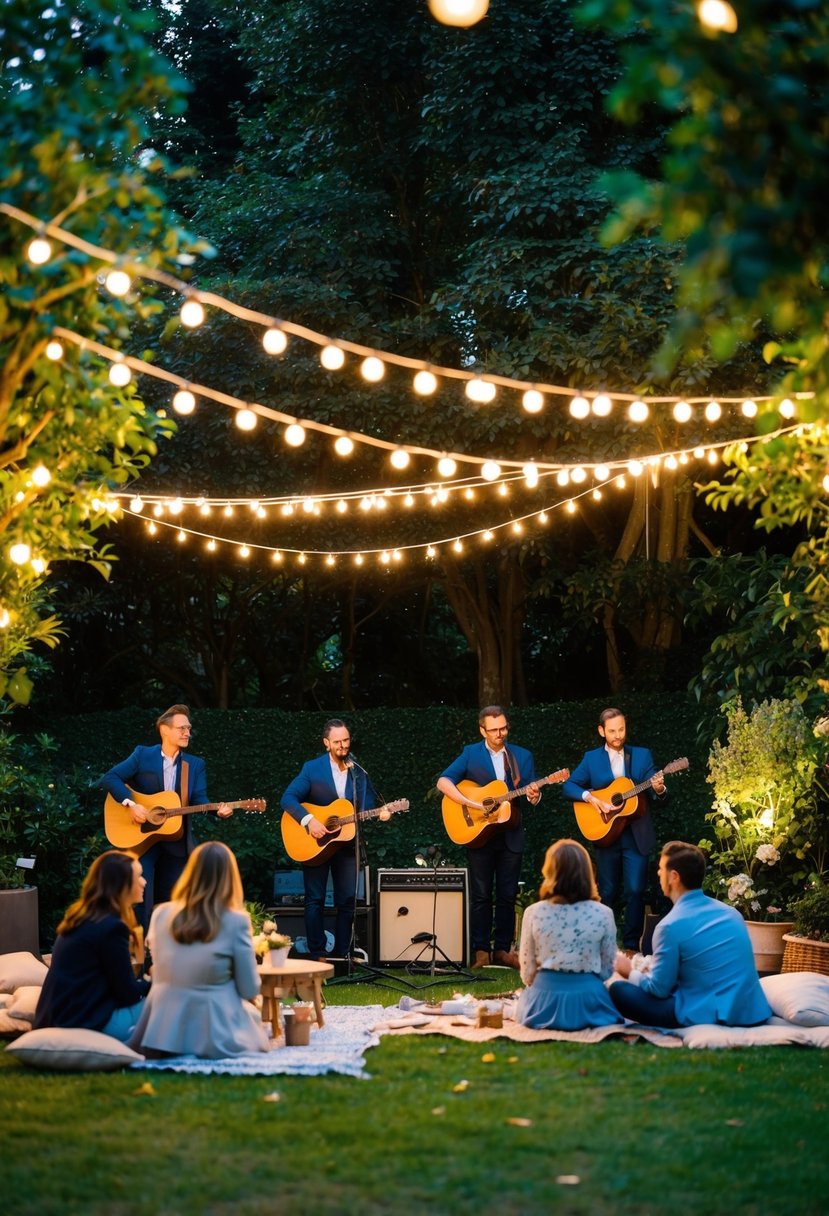 A cozy garden filled with twinkling lights, scattered picnic blankets, and a small stage with musicians playing live acoustic music for a group of 50 guests