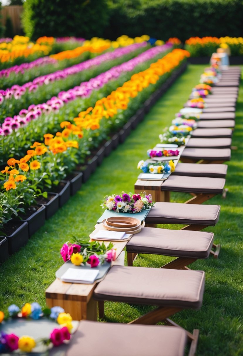A colorful garden with rows of vibrant flowers and a table set up with materials for making flower crowns, surrounded by seating for 50 guests
